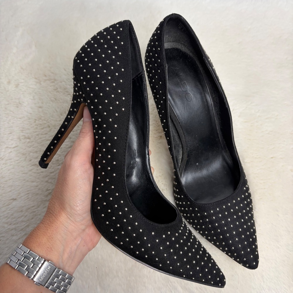 Aldo Black Studded Pointed Toe Stiletto Pumps Silver Micro Stud Heels Womens 9